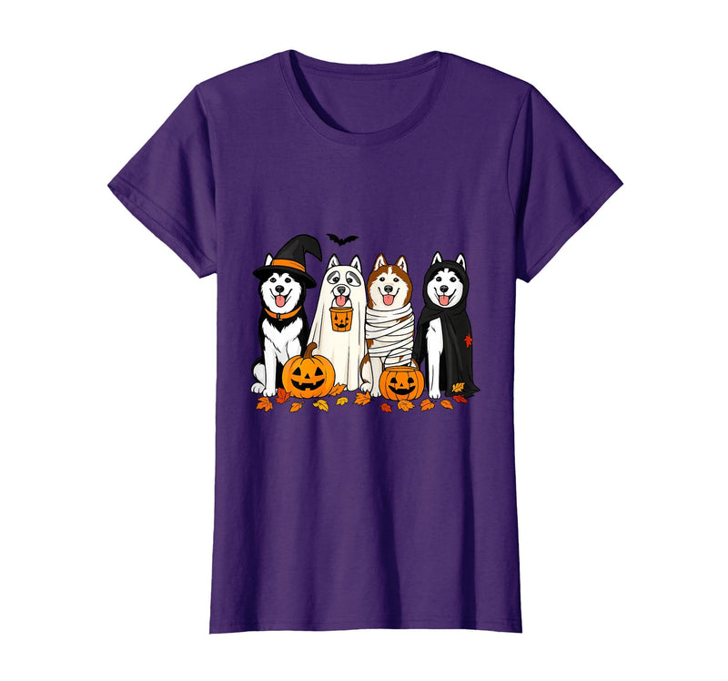Funny Siberian Husky Ghost Pumpkin Funny Husky Ghost Dogs Halloween Dog Spooky T-Shirt - Purple