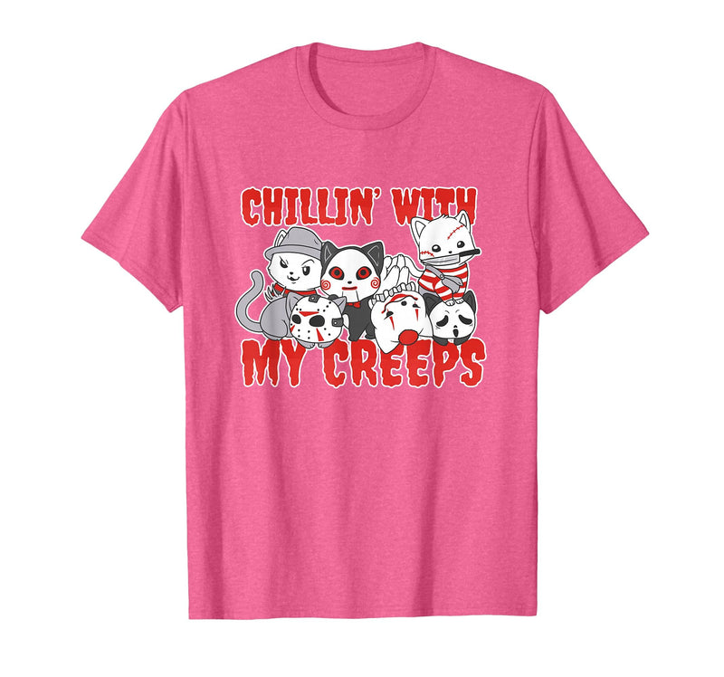 Chillin With My Creeps Apparel Chillin with My Creeps Cat Horror Killer Halloween Costume T-Shirt - Pink Heather