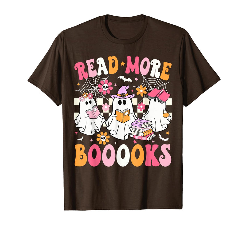 Read More Books Ghost Halloween Teacher Outfits Read More Books Ghosts Reading Book Funny Teacher Halloween T-Shirt - Brown