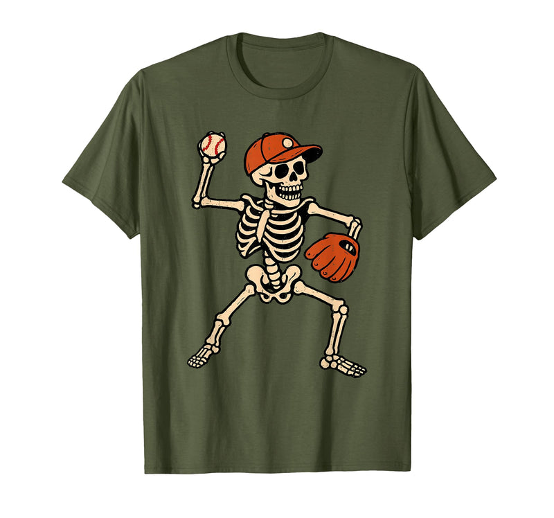 Funny Skeleton Baseball Tee Skeleton Baseball Halloween Costume Pitcher Sport Player T-Shirt - Olive Green