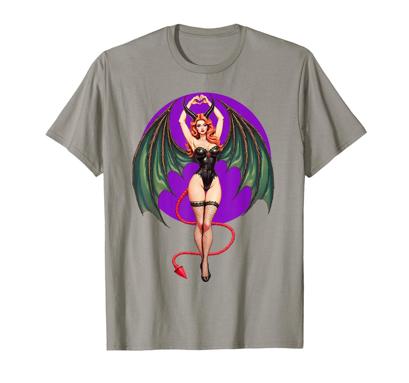 Classic Vintage Pin-Up Sexy Girl by YUX Sexy Succubus Monster Halloween Hand Heart Pin-Up Girl Devil T-Shirt - Slate Grey