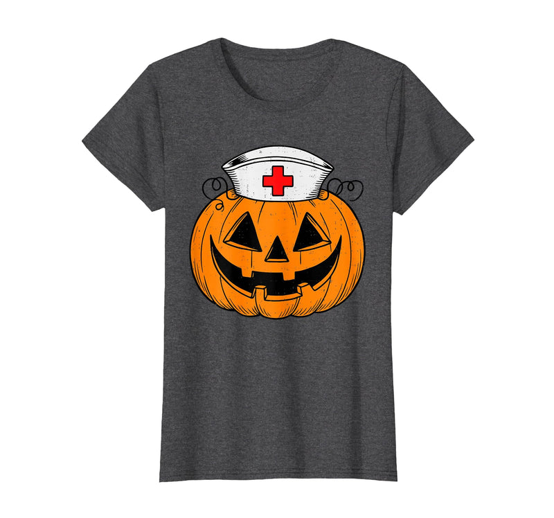 Halloween Tees for Women Men Kids Funny Pumpkin Nurse Scary Halloween Costume RN CNA ICU Women T-Shirt - Dark Heather Grey