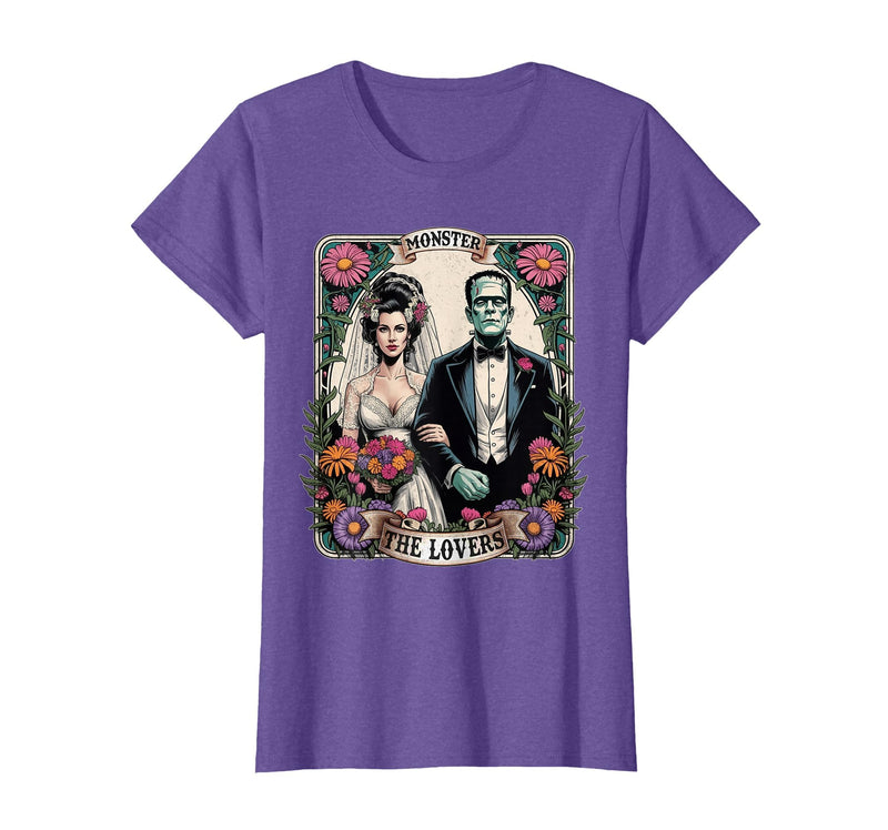 The Lovers Tarot Card Spooky Halloween Women Men The Monster Frankenstein and Bride The Lovers Tarot Card T-Shirt - Purple