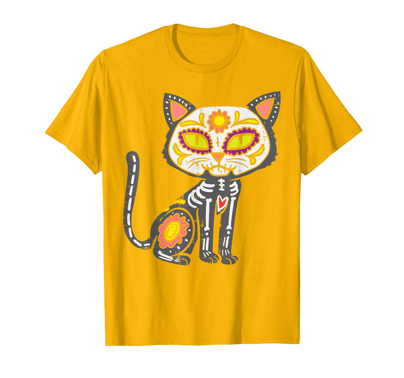 Halloween Cat Shirts For Women Men Kids Owner Sugar Skull Cat Dia De Muertos Day of Dead Halloween Mexican T-Shirt - Golden