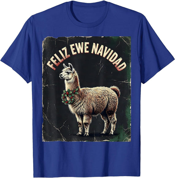 Feliz Ewe Navidad Distressed Llama Christmas Pun Gift T-Shirt - Royal Blue