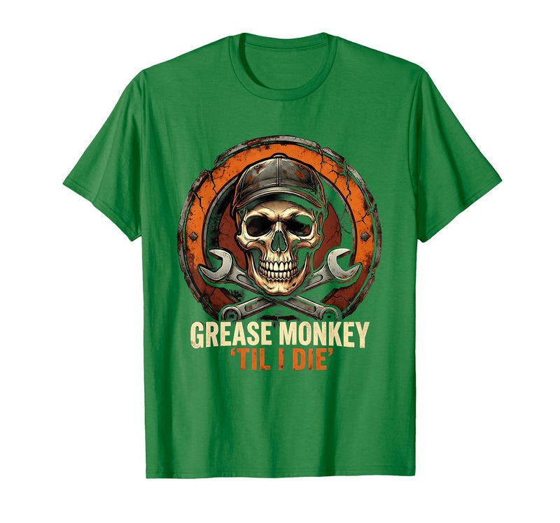 Mademark Grease Monkey 'Til I Die Mechanic Skull Design T-Shirt - Men - Kelly Green