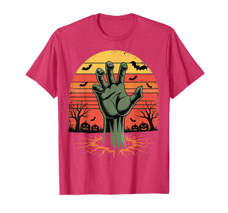 Creepy Undead Zombie Hand Retro Sunset Scary Zombie Hand Retro Sunset Halloween Horror Tee T-Shirt - Red Heather