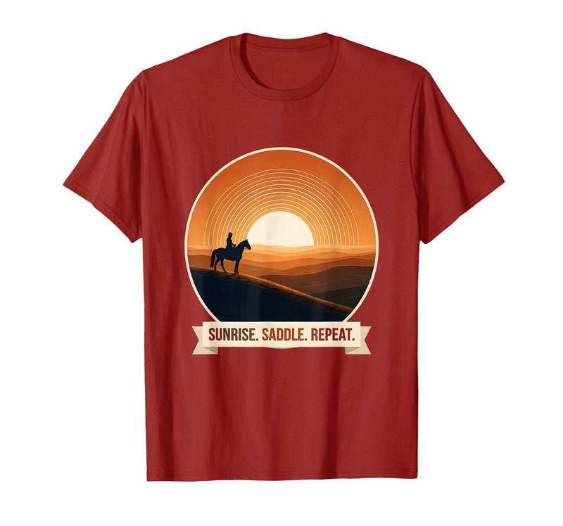 Mademark Sunrise Saddle Repeat Horse Rider Silhouette Design T-Shirt - Men - Cranberry Red