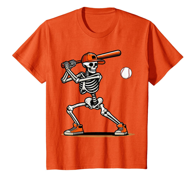 Funny Halloween Skeleton Sports Boys Costume Baseball Skeleton Spooky Boys Halloween Baseball Player T-Shirt - Orange