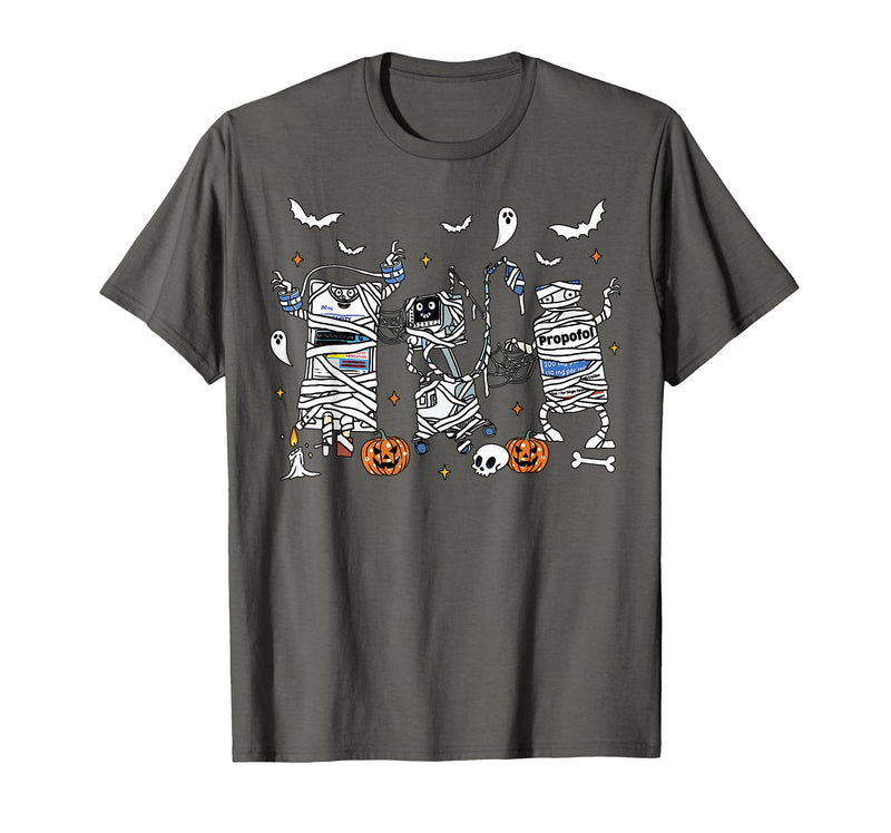 Cute Ghost Halloween Nurse Spooky Season Halloween ICU Nurse Propofol Mummy NICU PICU Nurse Tech T-Shirt - Asphalt Grey