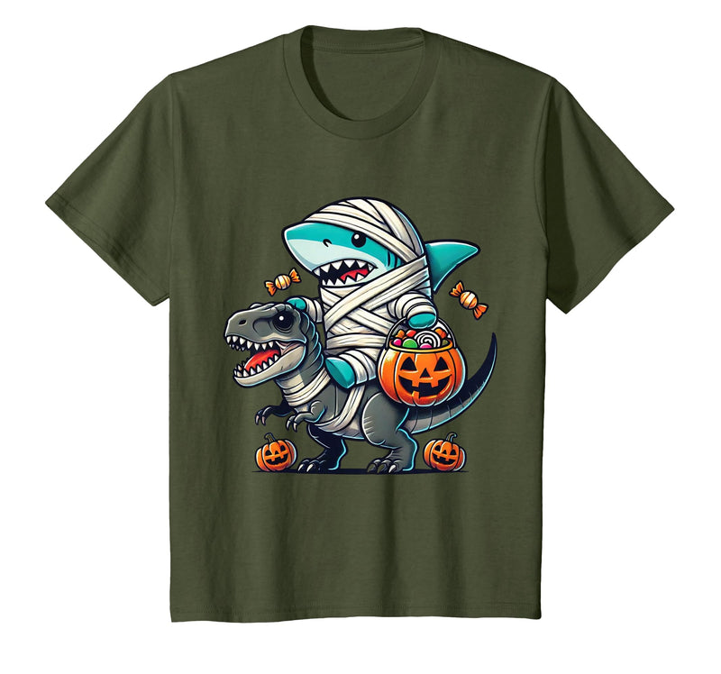 Funny Shark Dinosaur Halloween Kids Boys Tees Shark Riding Dinosaur T-rex Funny Halloween Pumpkin Boys Kid T-Shirt - Olive
