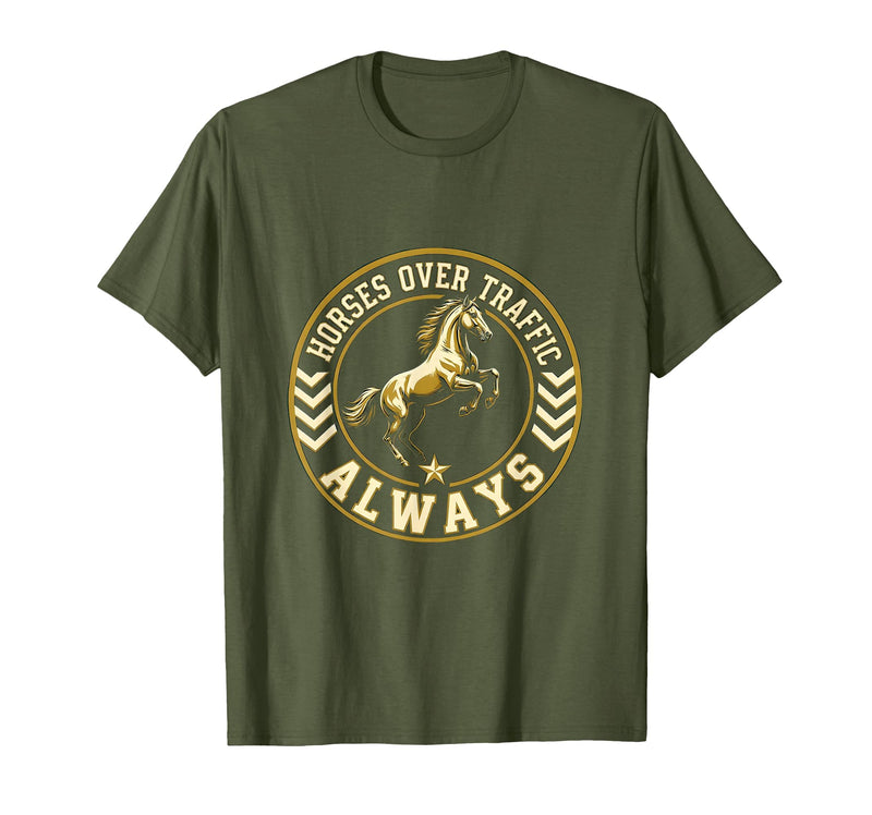 Mademark Horses Over Traffic Always Equestrian Design T-Shirt - Men - Olive Green
