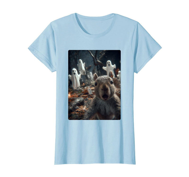 Funny Halloween Animals Selfies Clothing Funny Squirrel Selfie with Ghosts Haunted Forest Halloween T-Shirt - Baby Blue