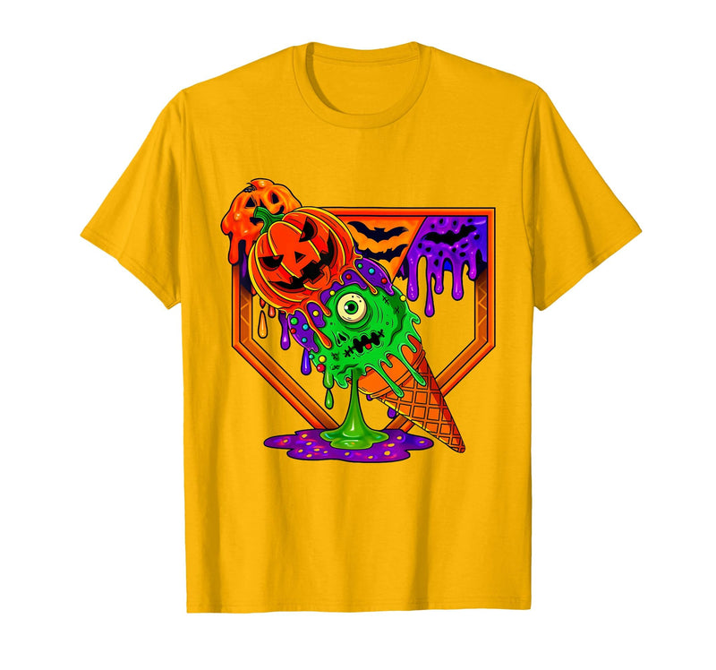 Ice Cream Drip Baseball Home Plate Halloween Tee Funny Halloween Baseball Ice Cream Drip Boys Girls Youth T-Shirt - Golden