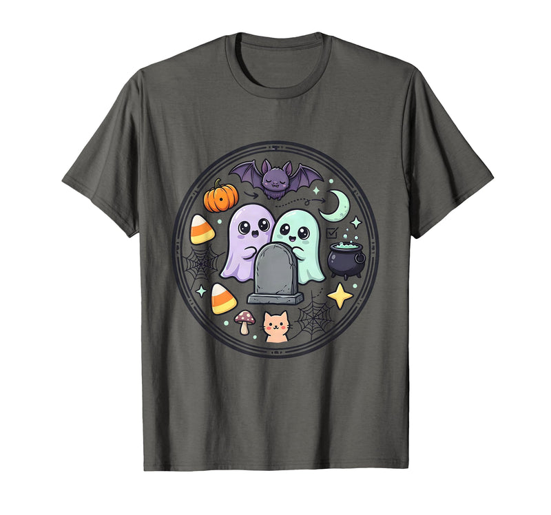 Mademark Ghost & Spirits - Ghost (99 Problems All) T-Shirt - Asphalt Grey-cute Ghost Peeking Behind Gravestone