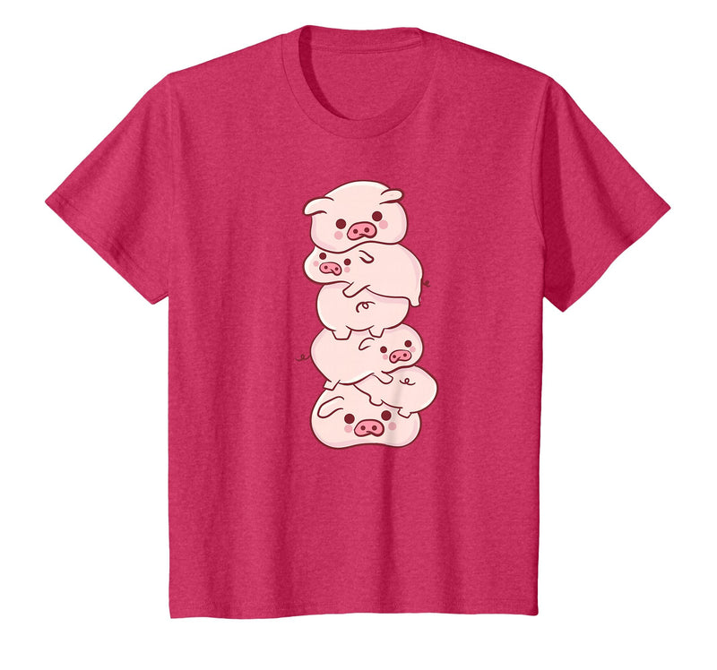 Pink Kawaii & Anime Stuff Pigs On A Pile - Cute Kawaii Anime - Pig Aesthetic Japanese T-Shirt - Red Heather