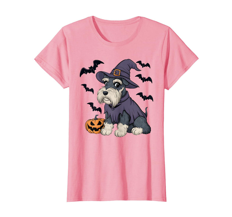Witch Schnauzer Dog Halloween Outfits Schnauzer Dog Scary Pumpkin Bat Witch Schnauzer Halloween T-Shirt - Pink