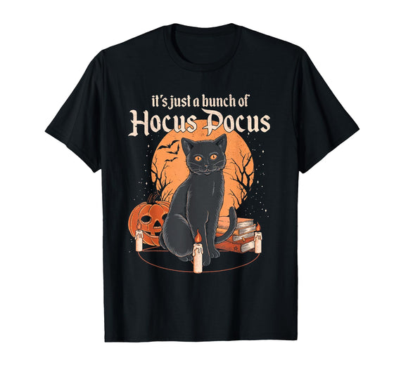 funny Halloween shirt It's Just A Bunch of Hocus Pocus Funny Cat T-Shirt - Black