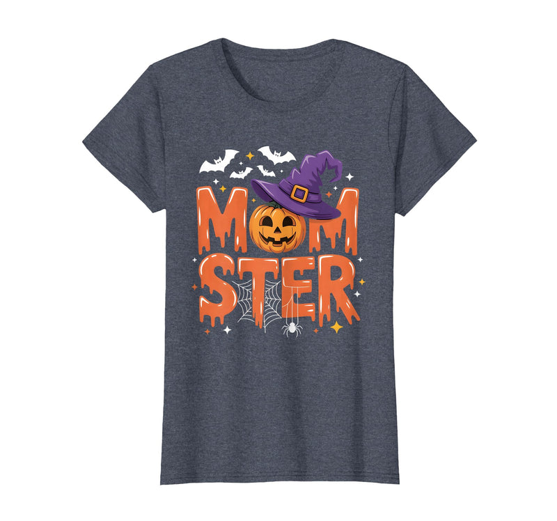Mom-ster Halloween Funny Witch Hat Pumpkin Mom Momster Mom Mommy Matching Family Halloween Costume Women T-Shirt - Heather