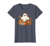 Ghost Halloween Flower Costume Floral Women Cute Ghost with Flower Halloween Pumpkin Autumn Women T-Shirt - Heather Blue