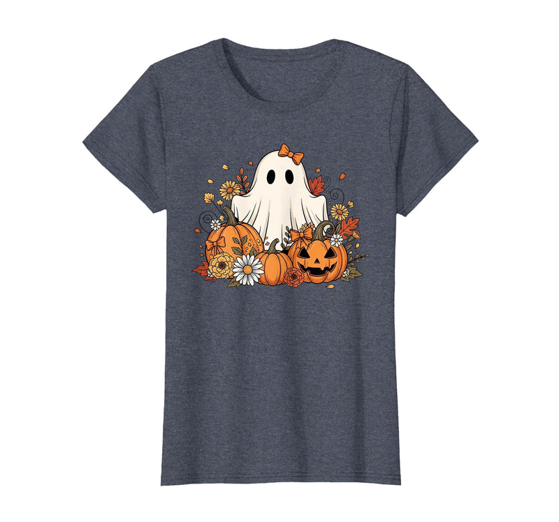 Ghost Halloween Flower Costume Floral Women Cute Ghost with Flower Halloween Pumpkin Autumn Women T-Shirt - Heather Blue