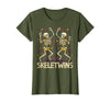 Spirit Week Twin Day Skeletwins Halloween Twins Dancing Skeletons Twins Halloween Matching Skeletwins T-Shirt - Olive Green