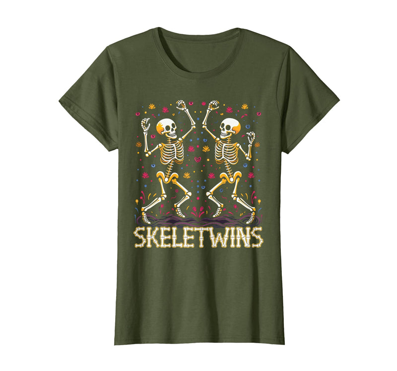 Spirit Week Twin Day Skeletwins Halloween Twins Dancing Skeletons Twins Halloween Matching Skeletwins T-Shirt - Olive Green