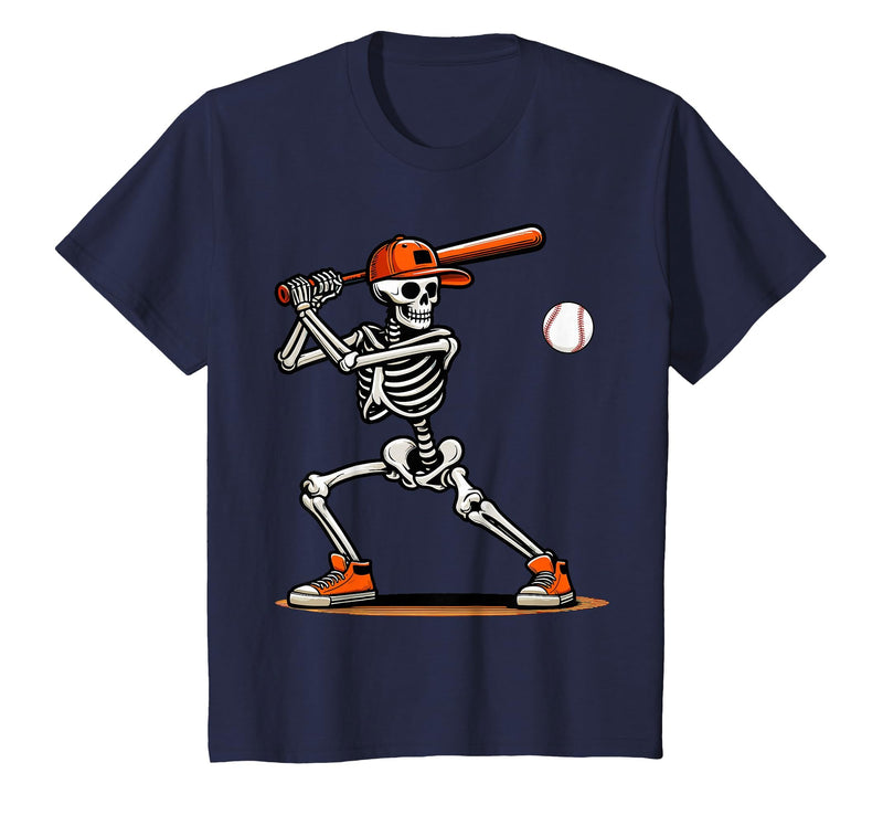 Funny Halloween Skeleton Sports Boys Costume Baseball Skeleton Spooky Boys Halloween Baseball Player T-Shirt - Navy Blue