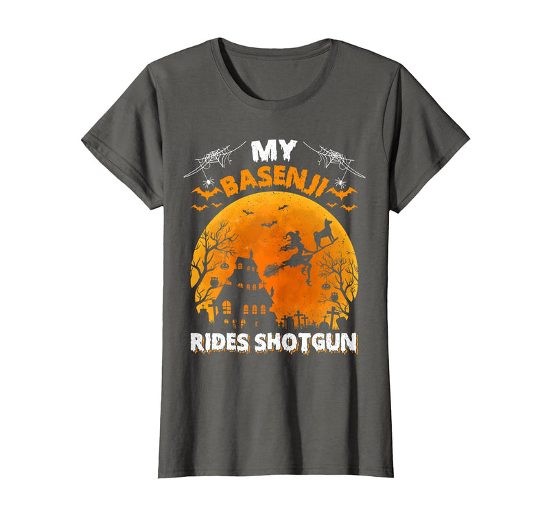 Basenji Dog Witch Halloween Gifts My Basenji Rides Shotgun Basenji Dog Halloween T-Shirt - Asphalt Grey