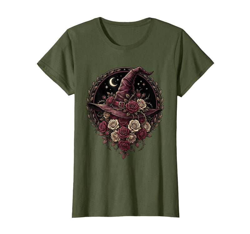 Mademark Witch Hat Black Roses Halloween Women's Design T-Shirt - Olive Green