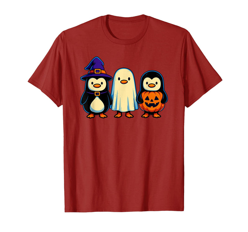 Nerrrdy Penguin Witch Ghost Pumpkin Men Women Kids Funny Halloween T-Shirt - Cranberry Red