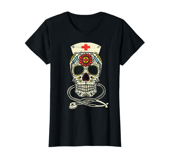 Halloween Nurse Shirts For Women Scrub Costumes Nurse Sugar Skull Stethoscope RN Medical Halloween Costume T-Shirt - Black