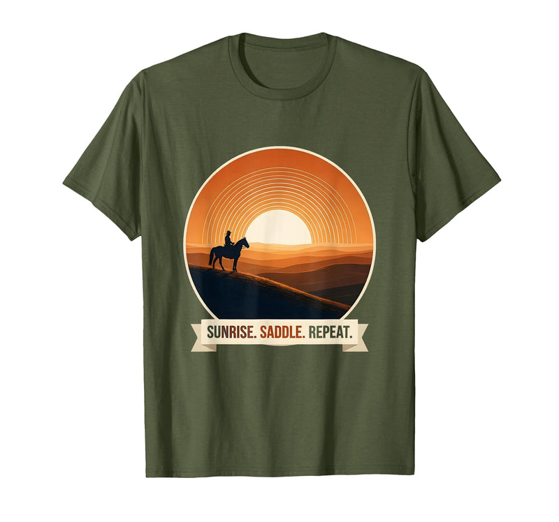 Mademark Sunrise Saddle Repeat Horse Rider Silhouette Design T-Shirt - Men - Olive Green