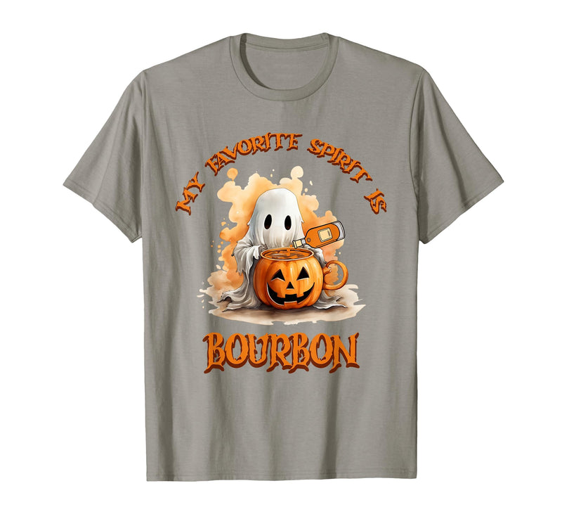 Boo Watercolor Pumpkin Cup Light Witch Hat Bottle Bourbon My Favorite Spirit is Bourbon Happy Halloween Boo T-Shirt - Slate