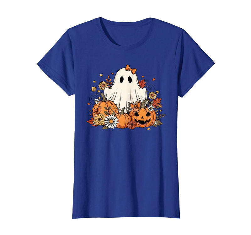Ghost Halloween Flower Costume Floral Women Cute Ghost with Flower Halloween Pumpkin Autumn Women T-Shirt - Royal Blue