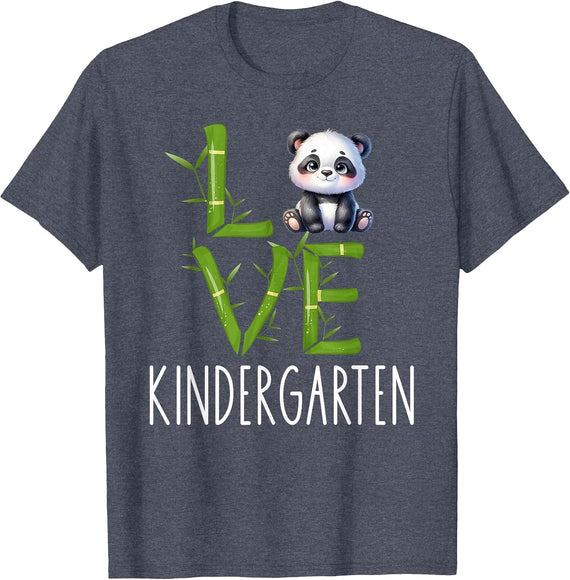 Love Kindergarten Back to School Panda Bear Kinder Teacher T-Shirt - Heather Blue