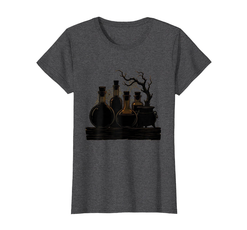 Mademark Vintage Halloween Potion Bottles Dusty Shelf T-Shirt - Dark Heather Grey