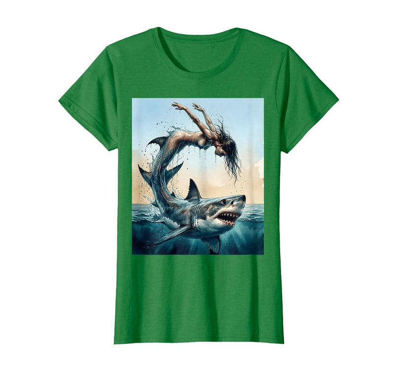 Mademark Woman Into Shark Mid-Dive Graphic Tee T-Shirt - Kelly Green