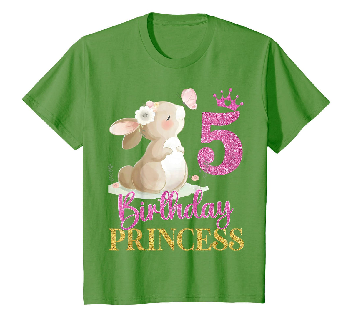 Kids 5th Birthday Rabbit Princess Girl Bunny 5 Years Old T-Shirt in Grass Green