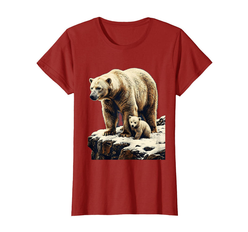 Mademark Mama Polar Bear and Cub Snowy Cliff Illustration T-Shirt - Cranberry Red