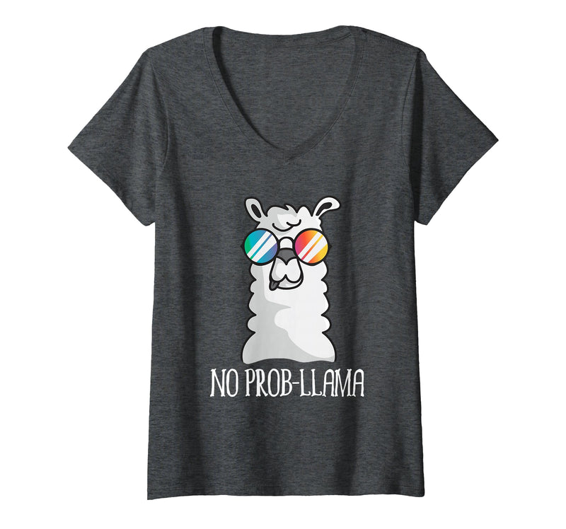 Llama Life Apparel Women's No Prob-Llama No Problem Cute Funny Cool Llama Alpaca V-Neck T-Shirt - Dark Heather Grey