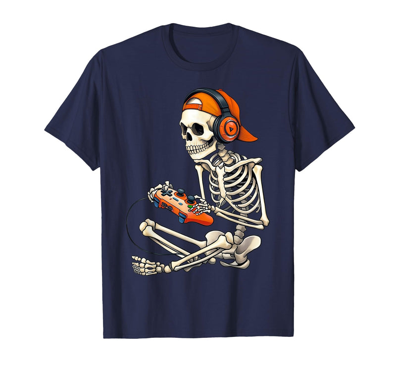 Halloween Skeleton Shirts for Gamers Men Boys Kids Halloween Skeleton Gamer Video Gaming Boys Men Kids Funny T-Shirt - Navy