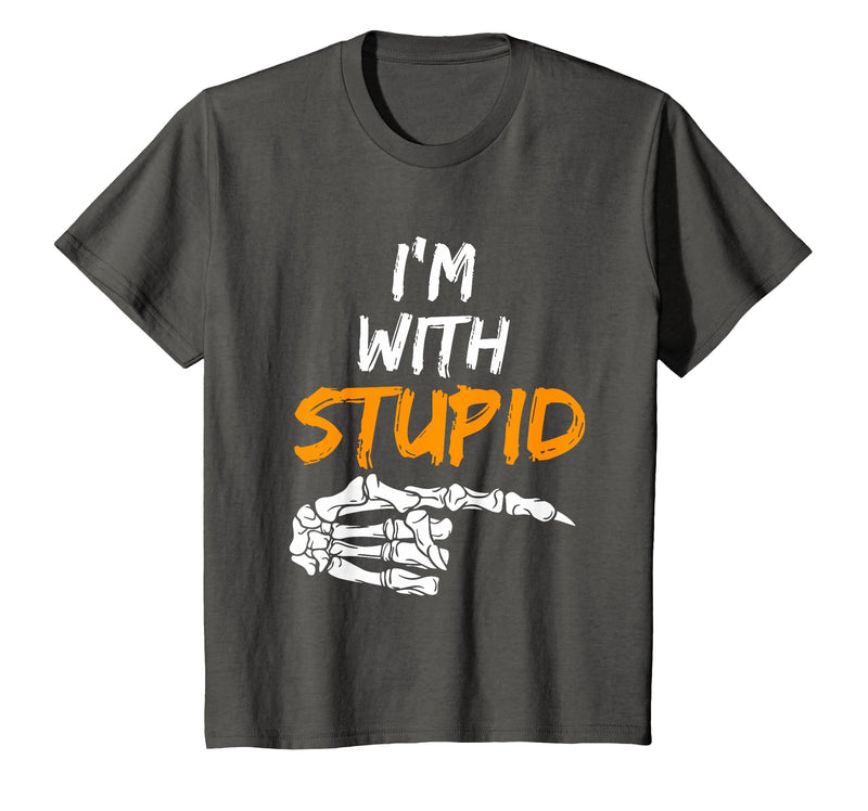 I'm With Stupid Shirts I'm with Stupid Skeleton Hand Pointing Right Funny Halloween T-Shirt - Asphalt Grey