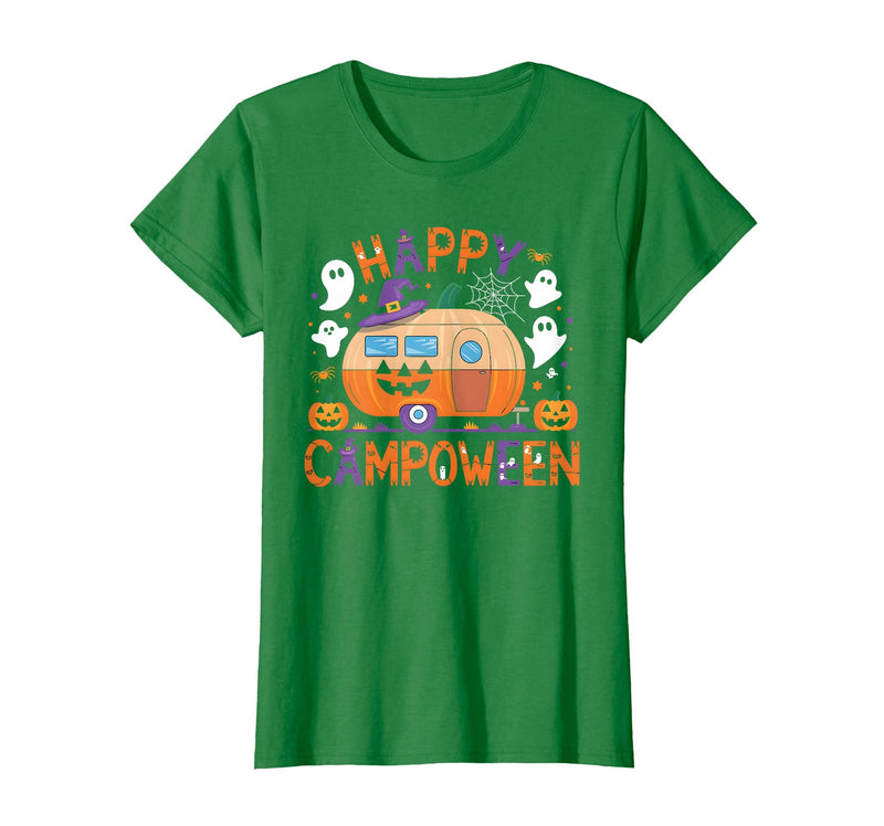 Spooky Camp-O-Ween Ghosts and Campfire Apparel Happy Camp-O-Ween Halloween Camping Ghosts and Campfires T-Shirt - Kelly Green