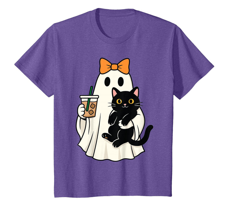 halloween iced coffee costume Cat Women Girls Cute Halloween Cat Ghost Drinking Coffee Ghost Women Girls T-Shirt - Purple