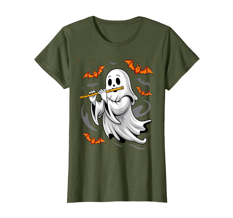 Ghost Halloween Lover Gift Co. Boo Ghost Playing Flute Halloween Musical Instrument T-Shirt - Olive Green