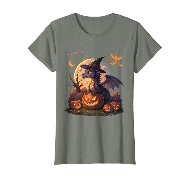 Halloween Dragons Fantasy Spooky Witchy Cute Halloween Dragon Witch Hat Pumpkin Moon Fantasy T-Shirt - Olive Heather