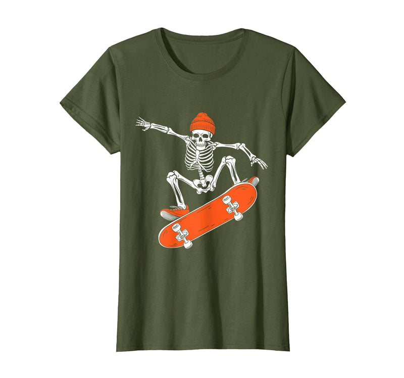 Funny Boys Kids Skeleton Skater Art Skateboarding Skeleton Riding Skateboard Halloween Skater T-Shirt - Olive Green