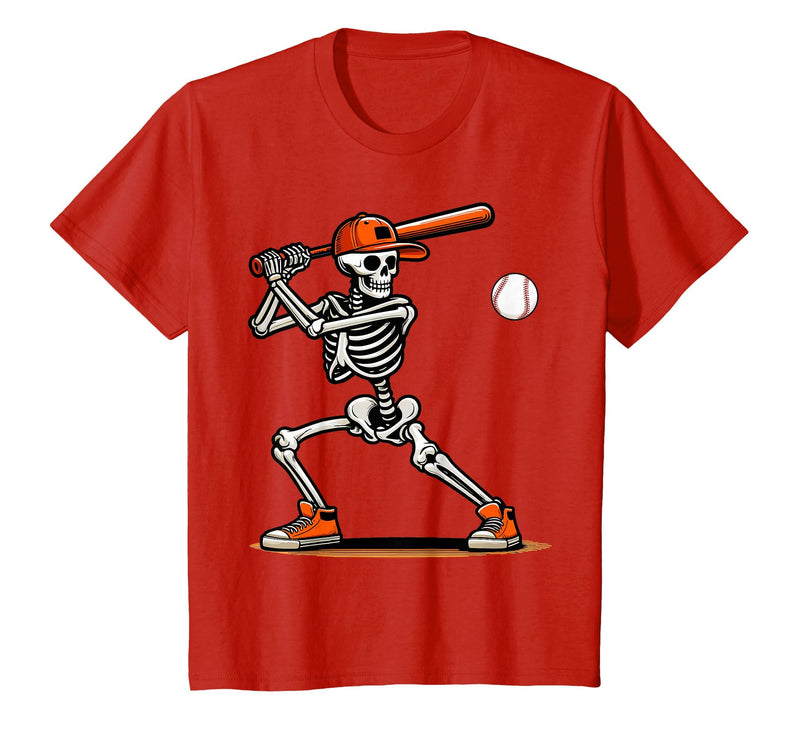 Funny Halloween Skeleton Sports Boys Costume Baseball Skeleton Spooky Boys Halloween Baseball Player T-Shirt - Red