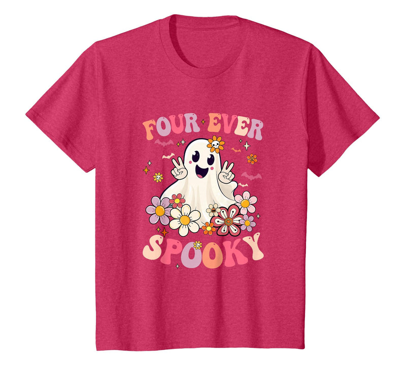 4th Birthday Party Halloween Costume Four Ever Spooky Halloween 4Th Birthday Party Decorations T-Shirt - Red Heather
